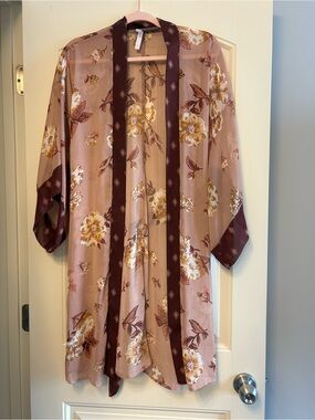 Xhilaration Floral Sheer Kimono with Burgundy Trim